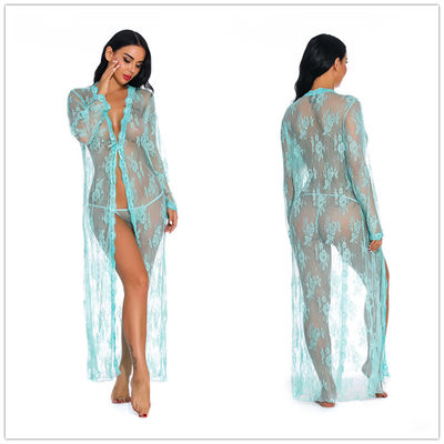 Sexy See Through Long Lingerie Plus Size 2 Pieces Lace Sleepwear for Women