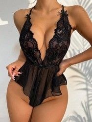 Erotic Temptation Backless Sleepwear Lace Transparent Sexy Deep V Neck Lingerie