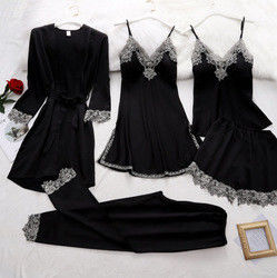 Five Piece Lace Sling Sexy Bodysuit Lingerie Suit Satin Long Sleeve Pyjamas Summer