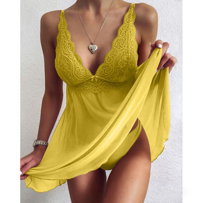 Elegant Underwear Erotic V-Neck Lace Pajamas Sexy Transparent Lace Mesh Lingerie