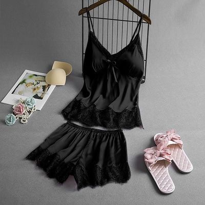 Summer Sleeveless Ice Silk Sexy Suspenders Knickers Lace Satin Pajama Set For Women