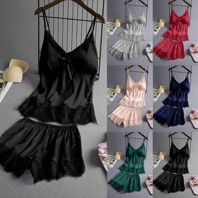 Summer Sleeveless Ice Silk Sexy Suspenders Knickers Lace Satin Pajama Set For Women