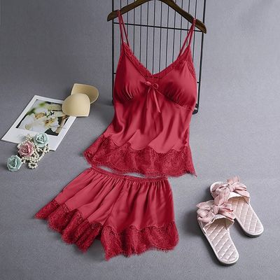 Summer Sleeveless Ice Silk Sexy Suspenders Knickers Lace Satin Pajama Set For Women