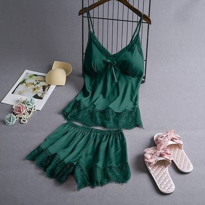 Summer Sleeveless Ice Silk Sexy Suspenders Knickers Lace Satin Pajama Set For Women