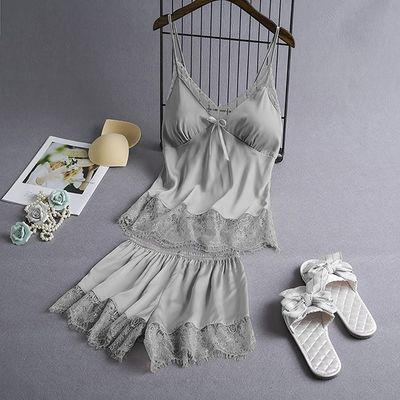 Summer Sleeveless Ice Silk Sexy Suspenders Knickers Lace Satin Pajama Set For Women