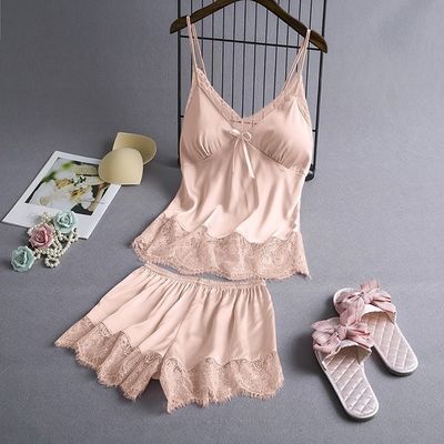 Summer Sleeveless Ice Silk Sexy Suspenders Knickers Lace Satin Pajama Set For Women