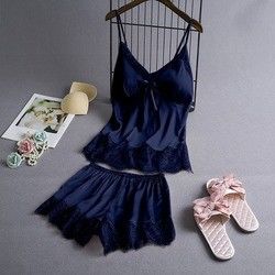 Summer Sleeveless Ice Silk Sexy Suspenders Knickers Lace Satin Pajama Set For Women