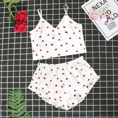 Sweet Cute Sleeveless Short Nighty Sets Sexy Soft Satin Heart Pajama For Women
