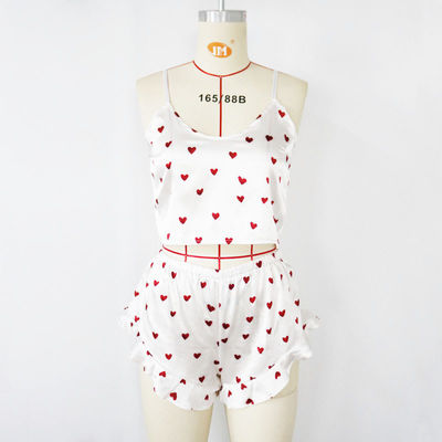 Sweet Cute Sleeveless Short Nighty Sets Sexy Soft Satin Heart Pajama For Women