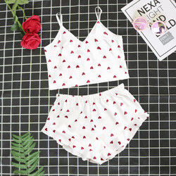 Sweet Cute Sleeveless Short Nighty Sets Sexy Soft Satin Heart Pajama For Women