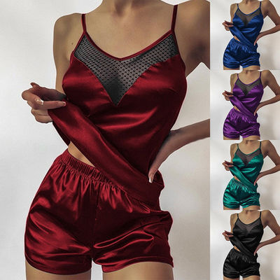 Sexy Silky Satin Pajamas Black Mesh Lace V-Neck Vest Sleepwear For Women Lingerie