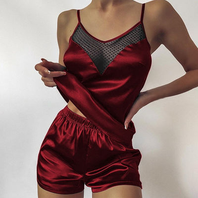 Sexy Silky Satin Pajamas Black Mesh Lace V-Neck Vest Sleepwear For Women Lingerie