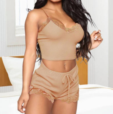 2 Piece Ladies Comfortable Sling Solid Sexy Lace Sleepwear Suit Seductive Pajama Sets