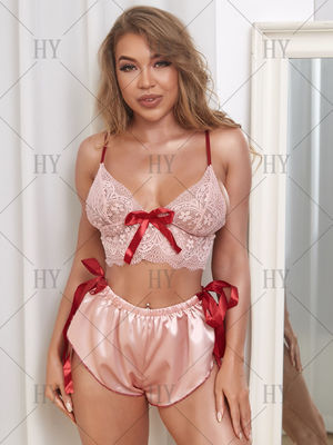 Deep V Cleavage Tinted Lace Embroidery Bra And Underwear Sets Sexy Silk Sleepwear Set