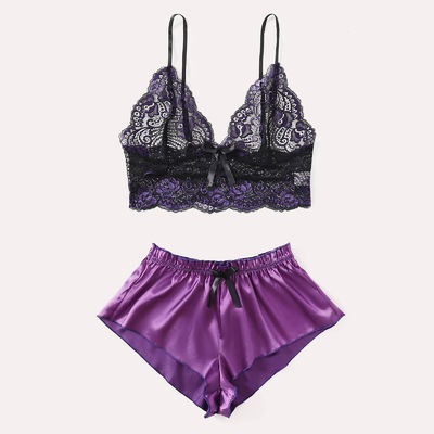 Mature Thin Sleepwear Silk Fabric Lace Bra Underwear Set Sexy Lingerie For Hot Girl