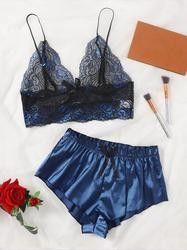 Mature Thin Sleepwear Silk Fabric Lace Bra Underwear Set Sexy Lingerie For Hot Girl