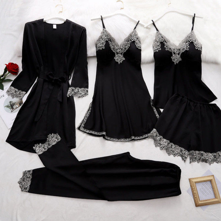 Five Piece Lace Sling Sexy Bodysuit Lingerie Suit Satin Long Sleeve Pyjamas Summer