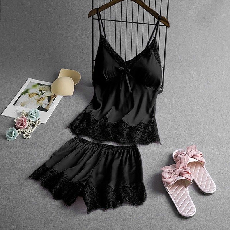 Summer Sleeveless Ice Silk Sexy Suspenders Knickers Lace Satin Pajama Set For Women