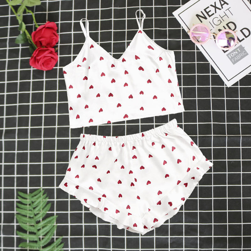Sweet Cute Sleeveless Short Nighty Sets Sexy Soft Satin Heart Pajama For Women